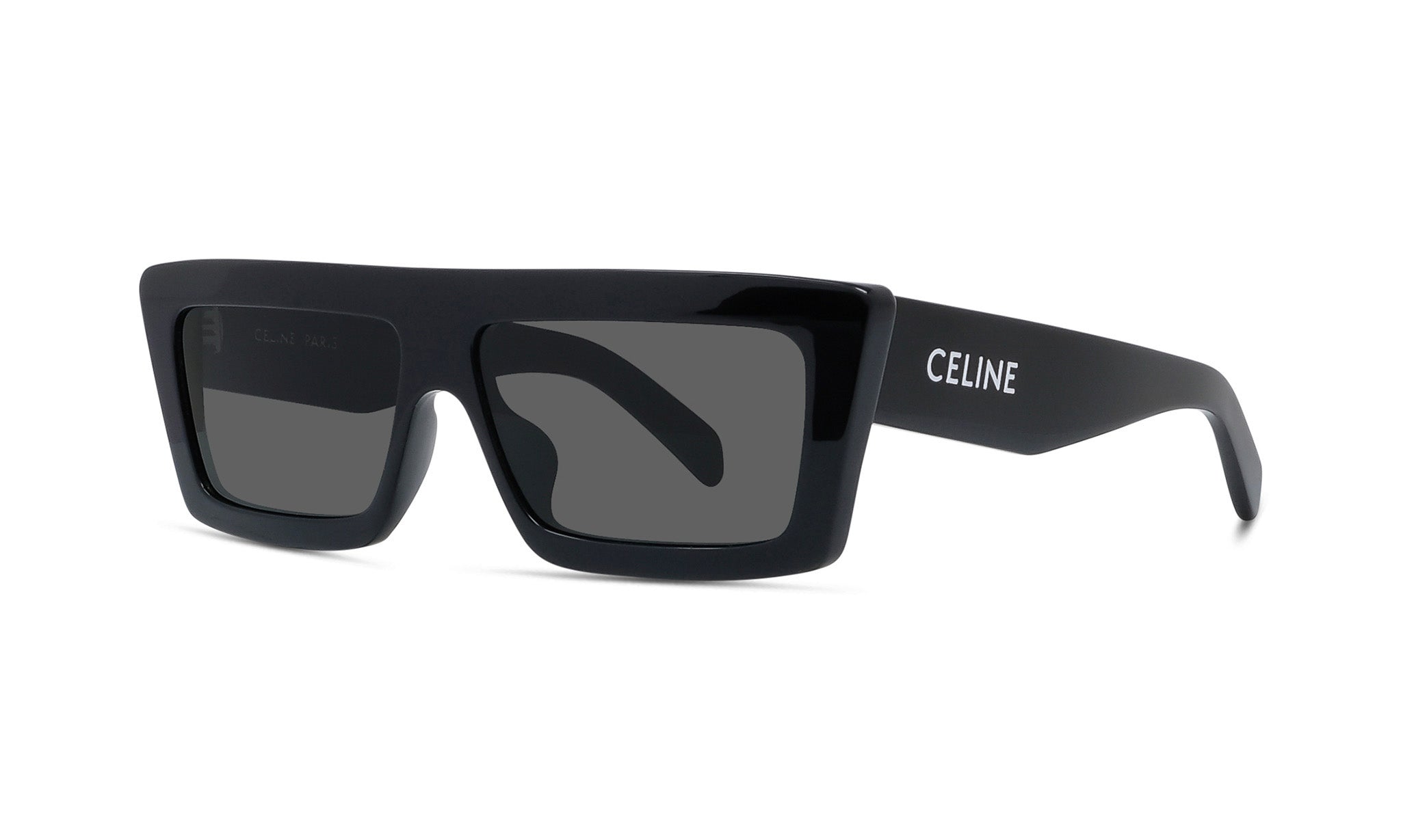 A pair of black sunglasses with the Celine logo on the frame.