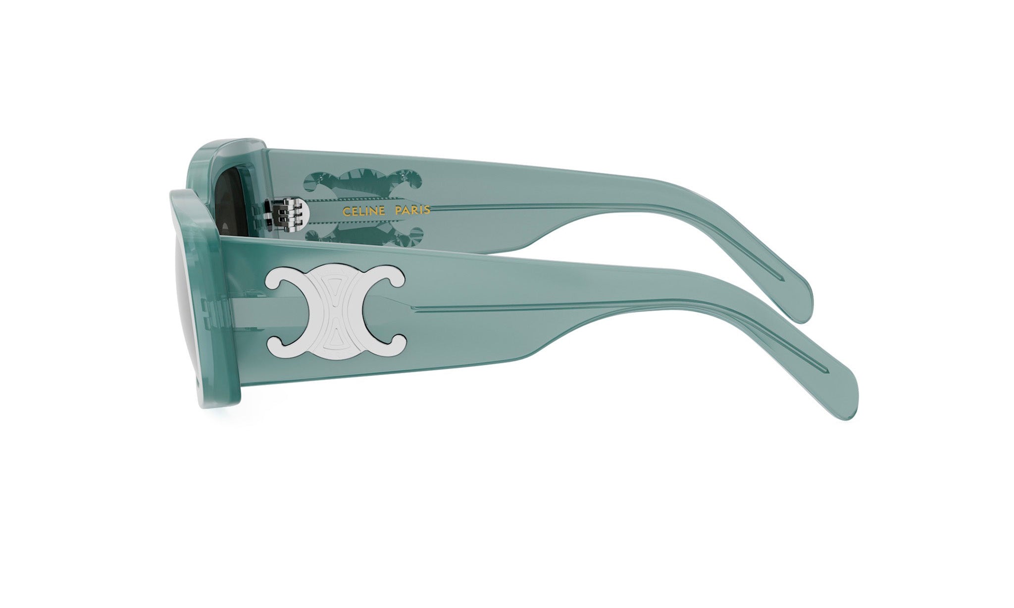 A pair of green sunglasses with a white Celine Paris logo on the frame.