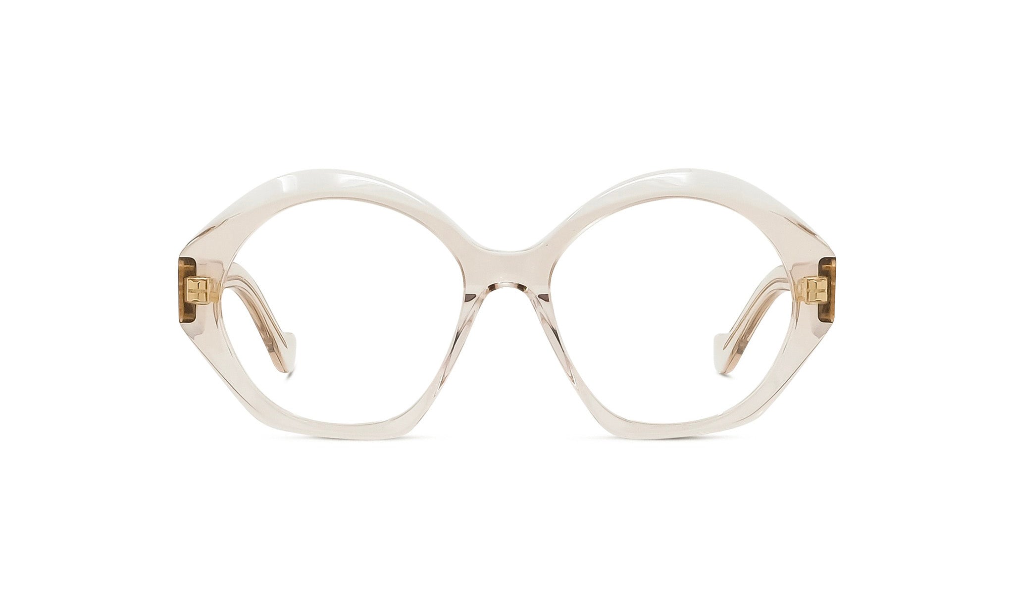 A pair of clear, round-framed glasses with gold-colored temples.