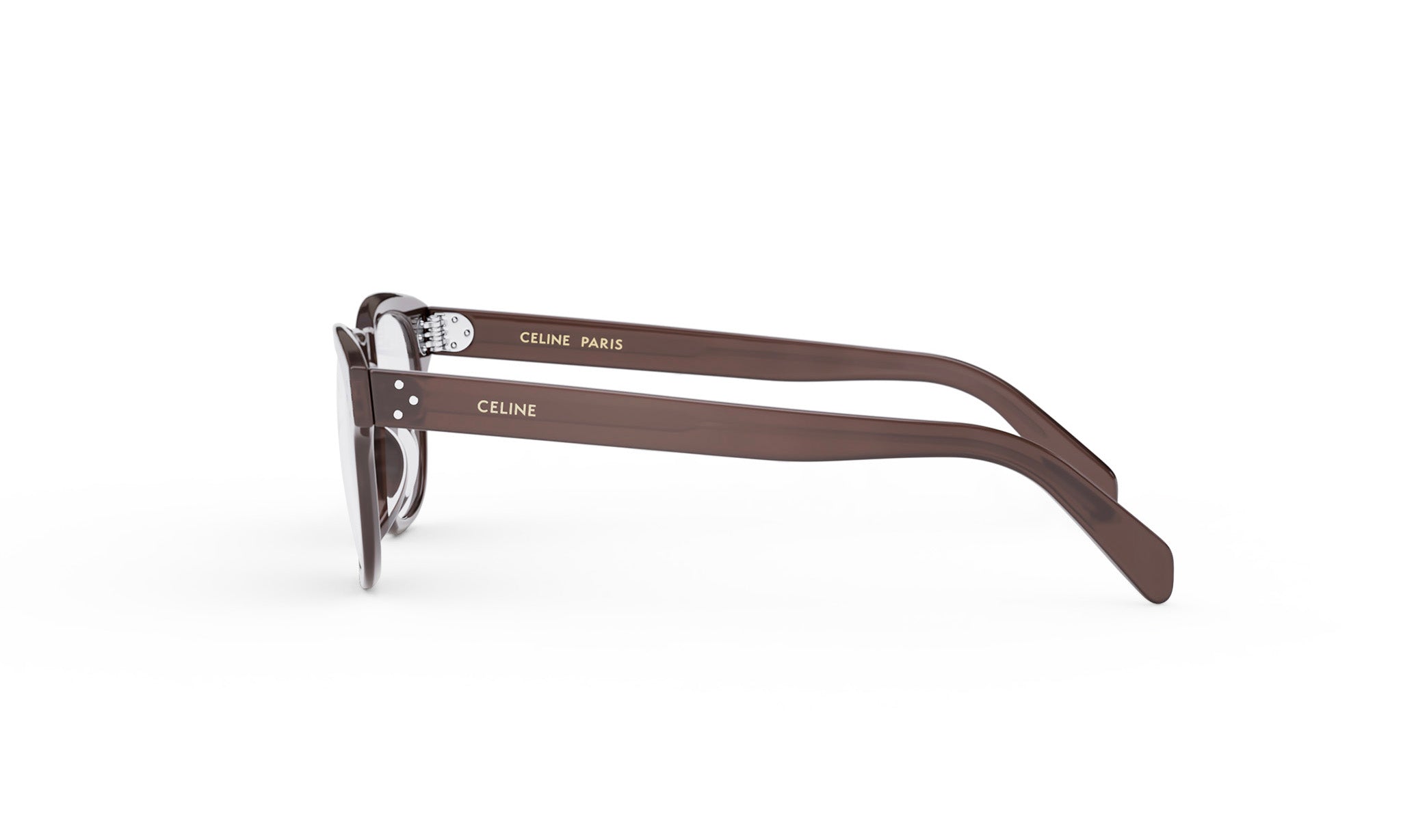A pair of brown-framed glasses with the name 'Celine Paris' printed on them.