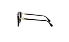 A pair of black cat-eye framed glasses with gold accents, positioned side by side against a white background.