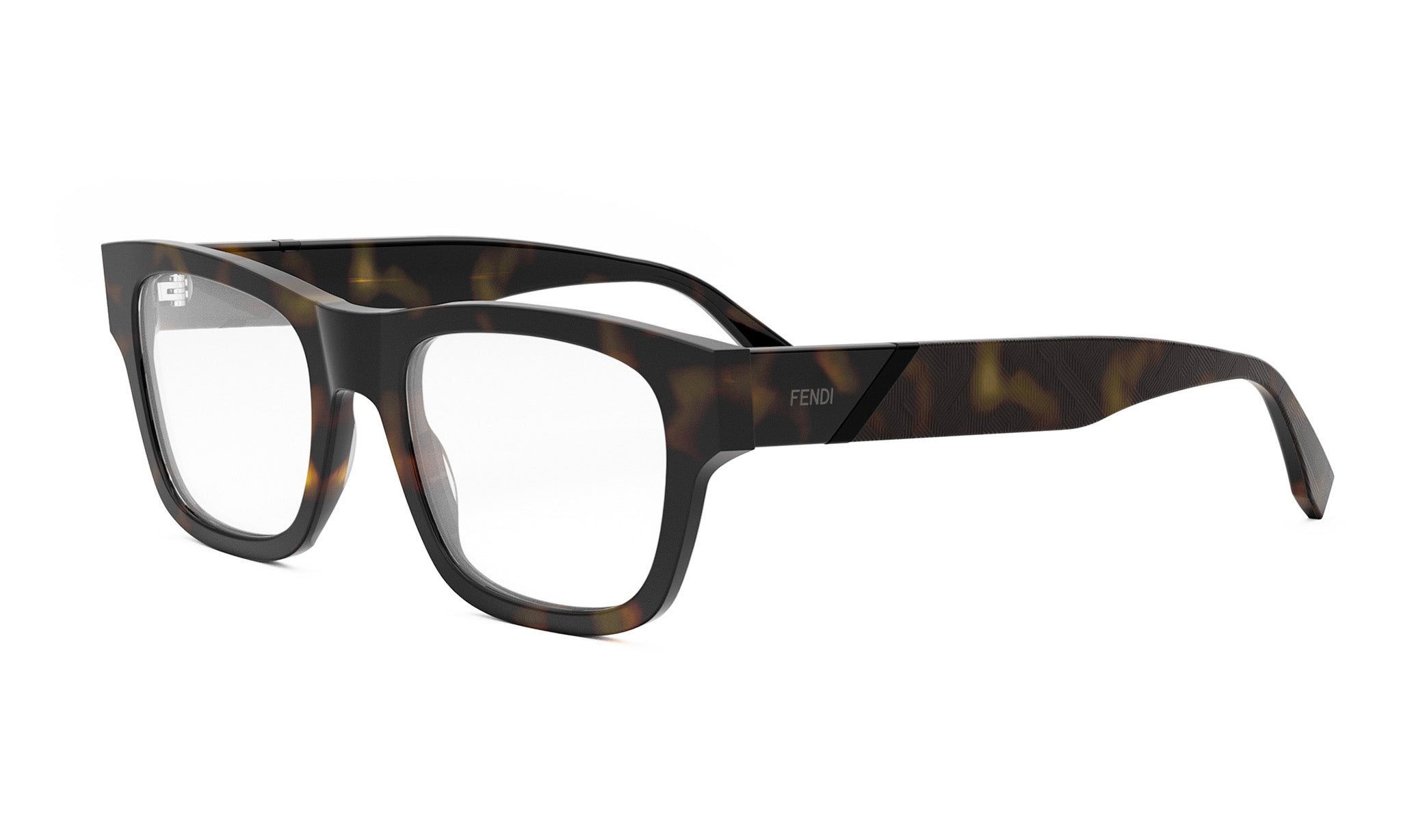 A pair of Fendi-branded eyeglasses with a tortoiseshell frame and clear lenses.