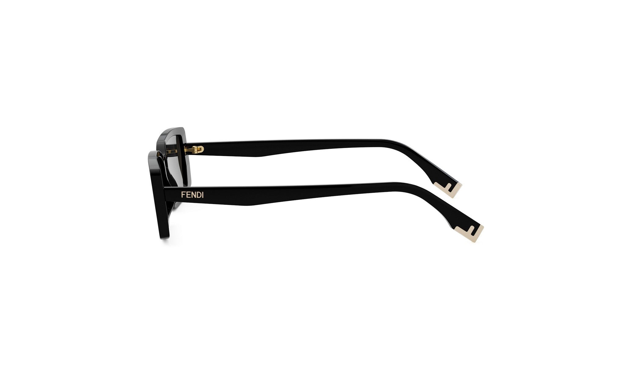 A pair of black Fendi sunglasses with gold accents.