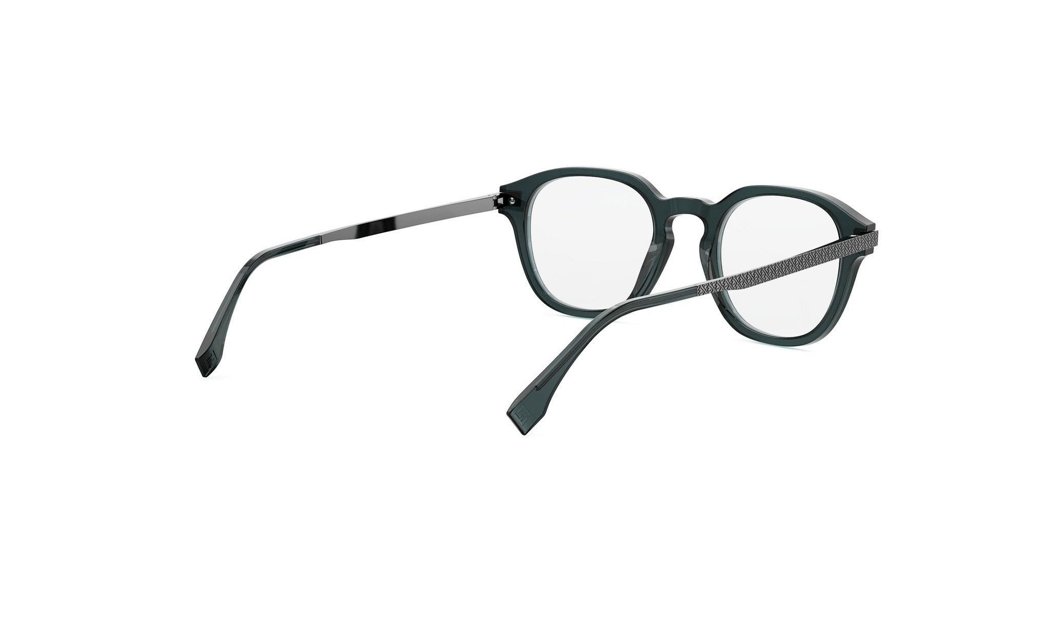 A pair of dark green-framed glasses with a sleek, modern design.