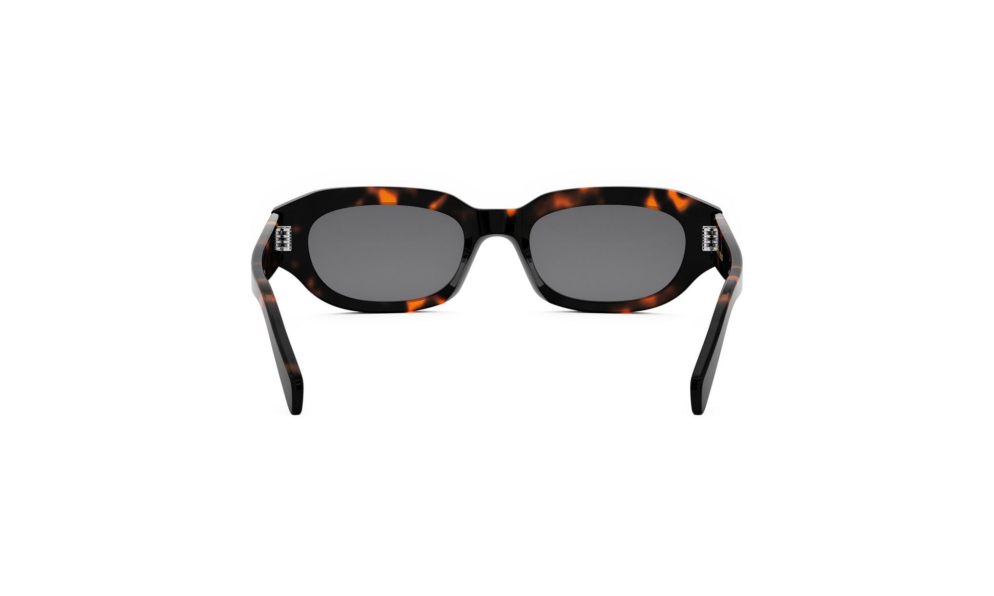 A pair of sunglasses with dark frames and a tortoiseshell pattern.