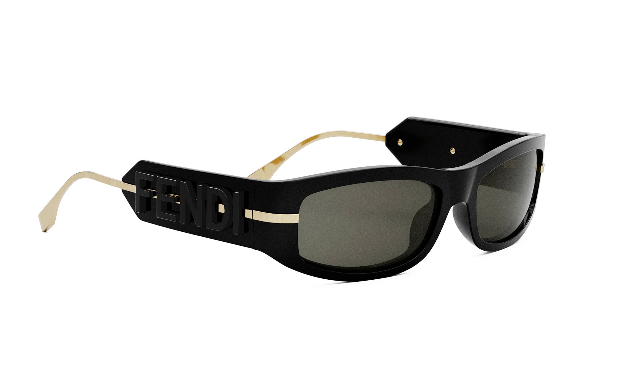 A pair of black sunglasses with gold accents and the Fendi logo prominently displayed on the frame.