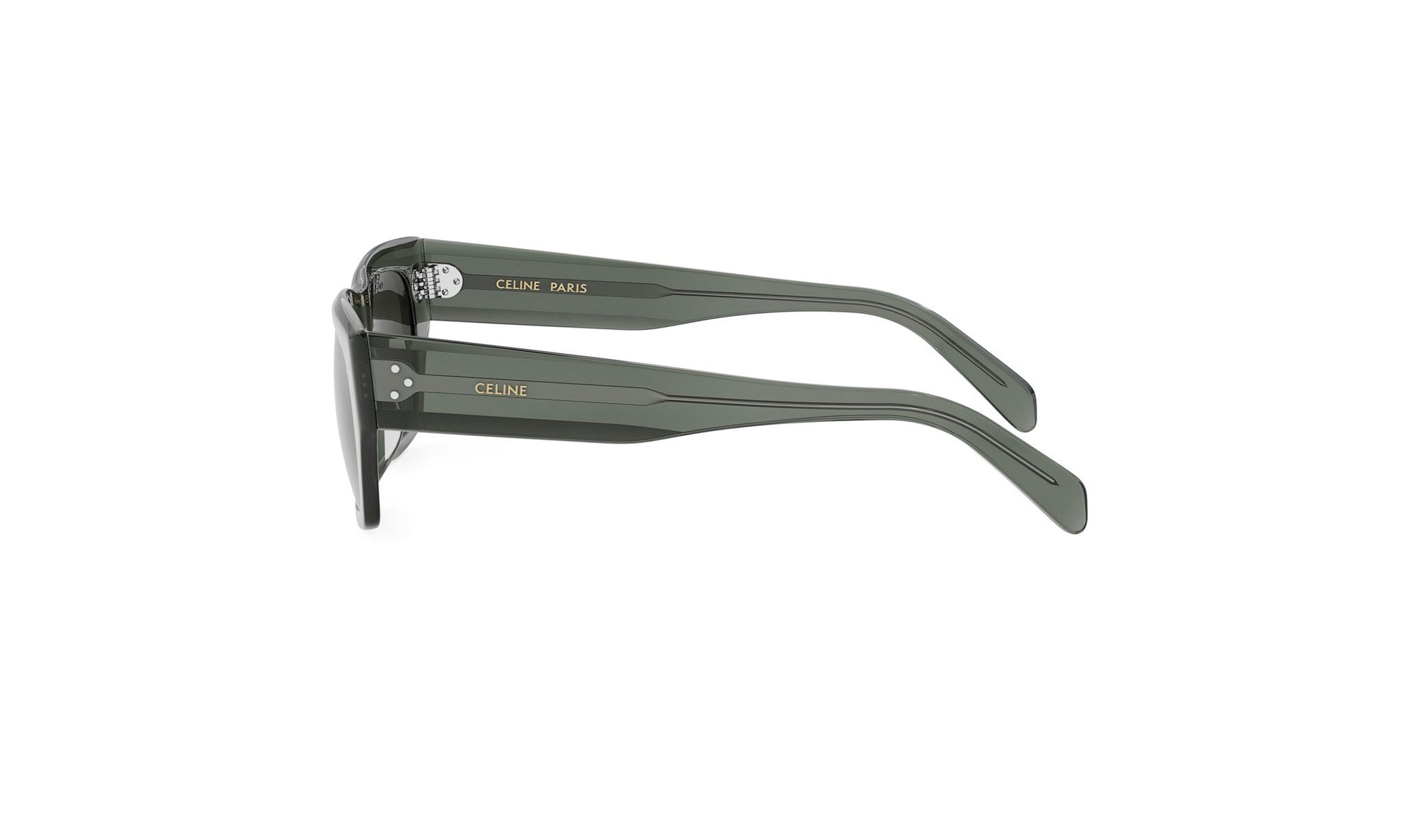A pair of dark green sunglasses with the Celine Paris logo visible on the temples.