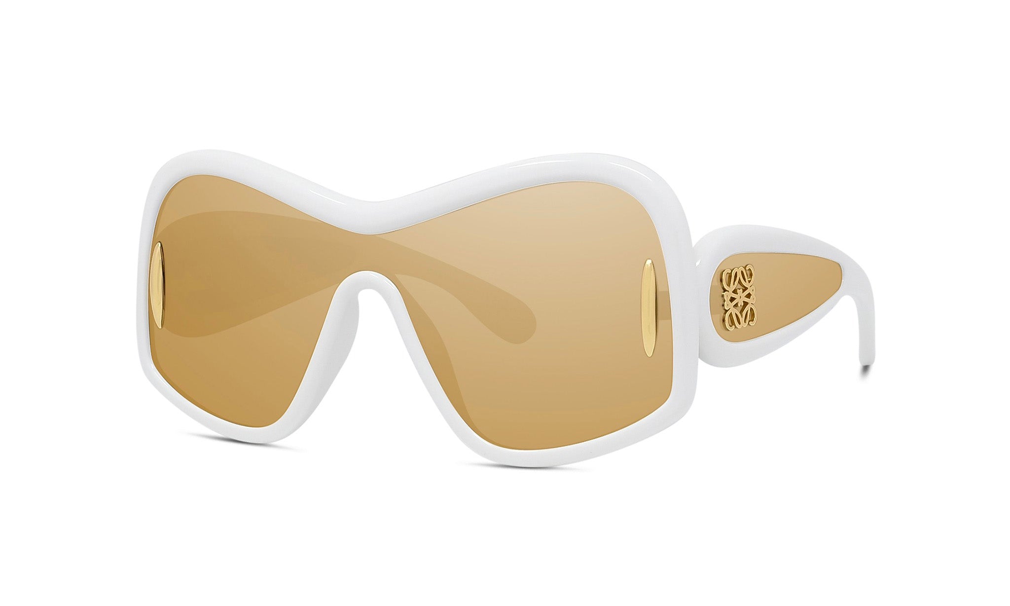 A pair of white, oval-shaped sunglasses with a gold-colored frame.