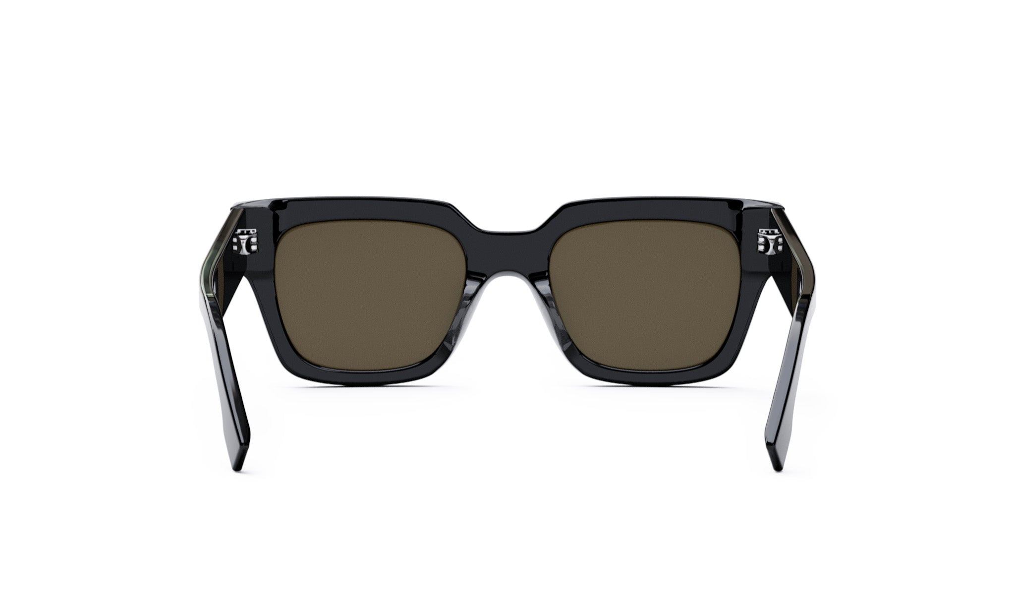 A pair of black sunglasses with dark brown lenses.