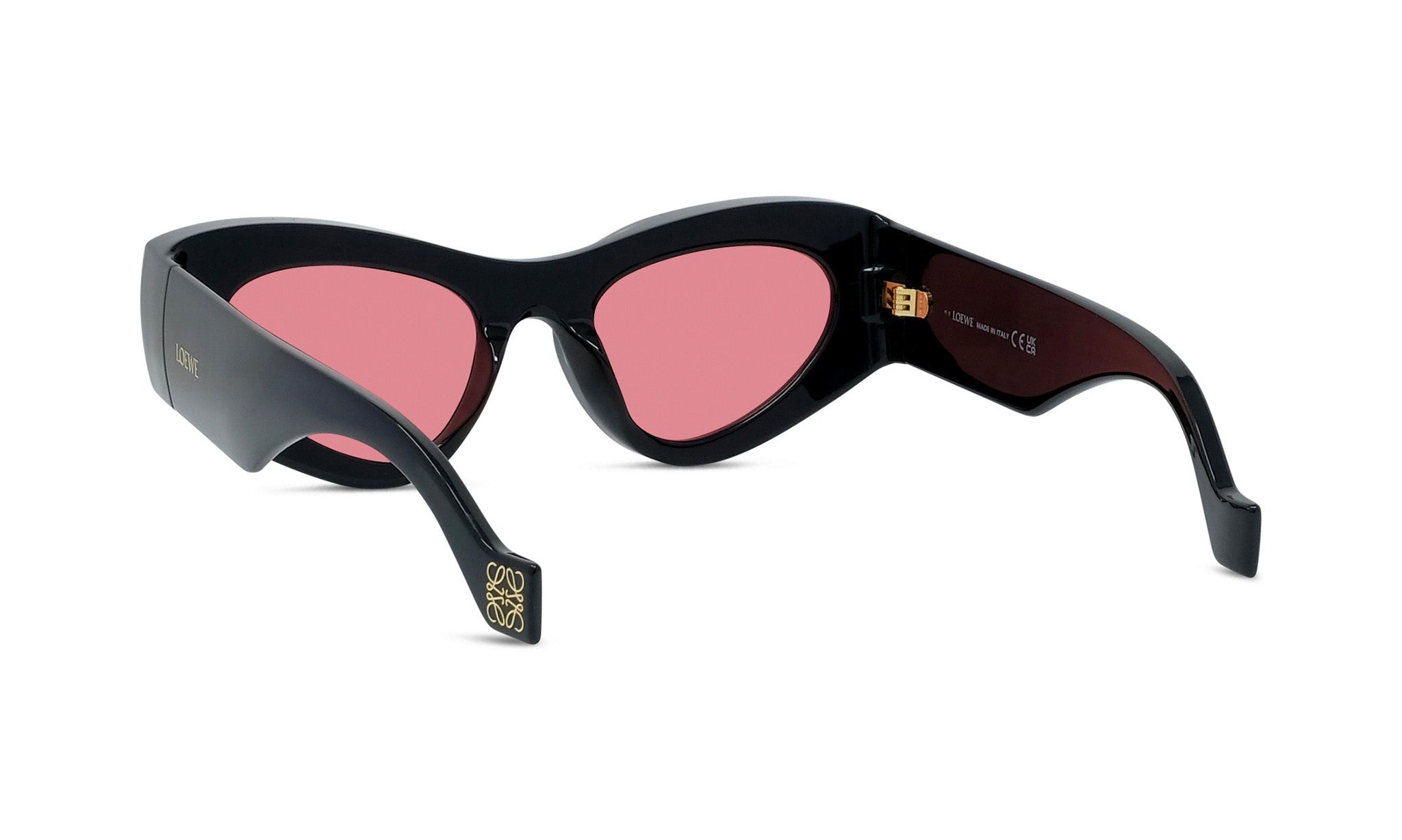 A pair of black sunglasses with pink lenses, featuring a sleek and modern design.
