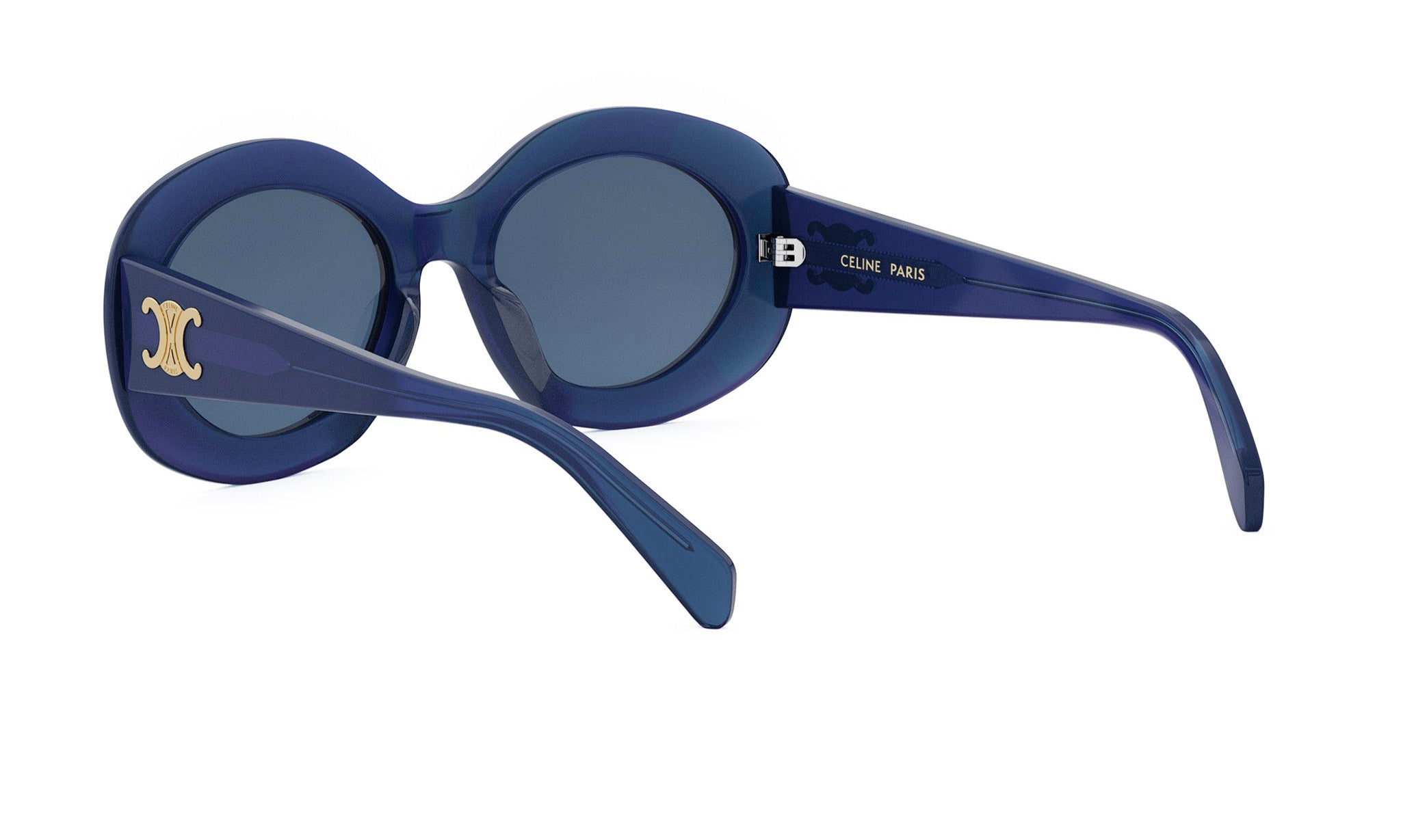 A pair of blue sunglasses with a gold logo on the frame.