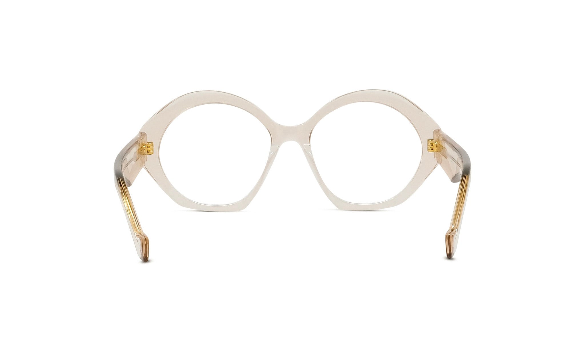 A pair of white, round-framed glasses with gold accents.