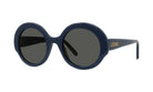 A pair of dark blue round sunglasses with the word "LOEWE" printed on the side.