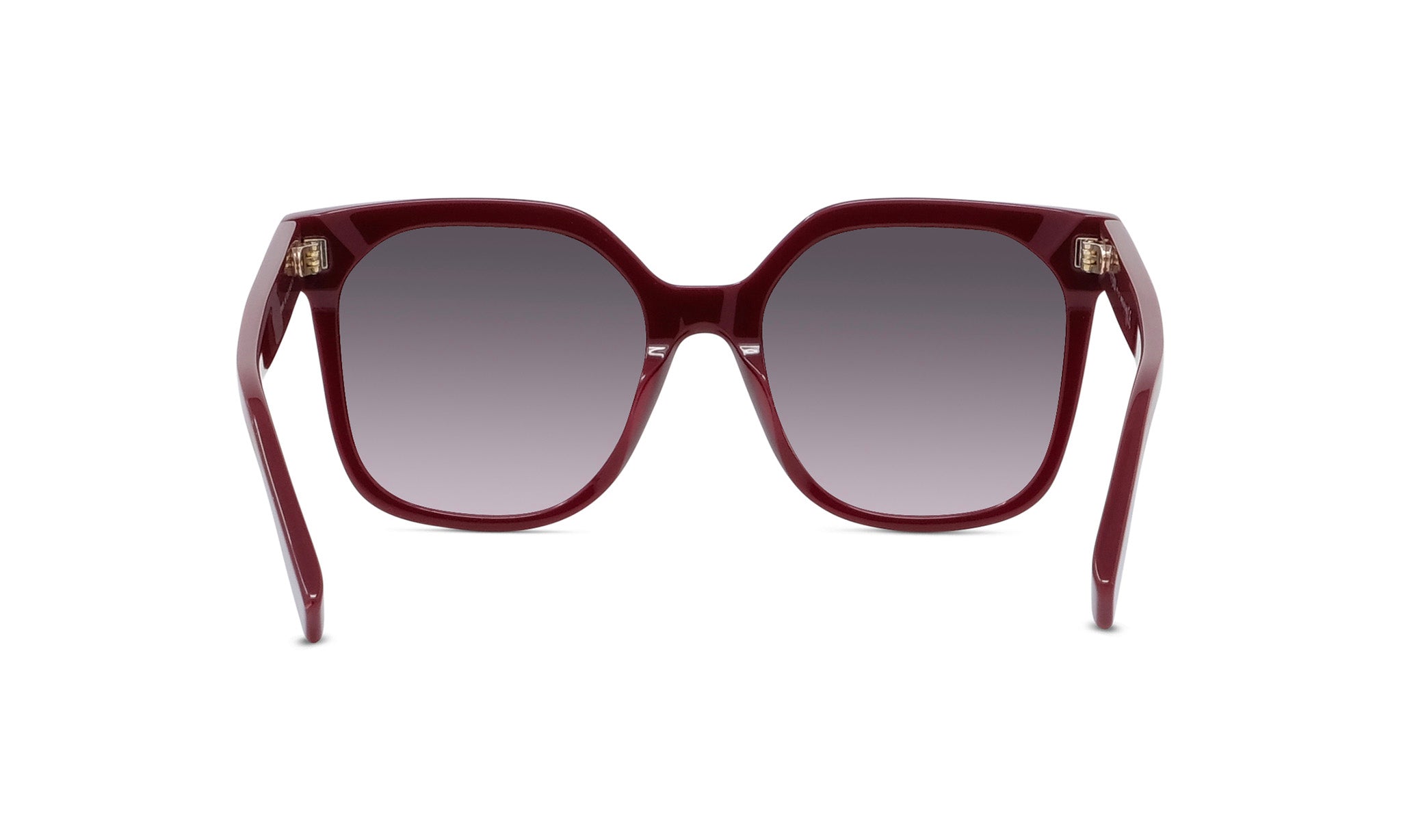 A pair of burgundy-colored sunglasses with dark lenses.