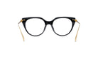A pair of black cat-eye framed glasses with gold accents.
