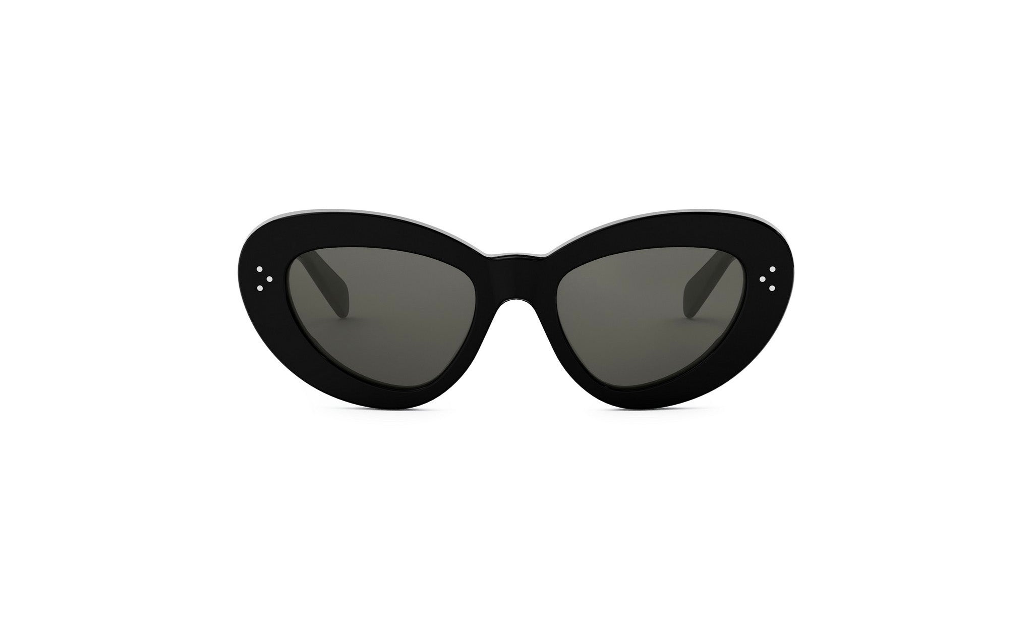 A pair of black sunglasses with dark lenses.