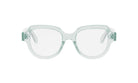 A pair of clear, mint green-colored eyeglasses with a sleek, modern design.