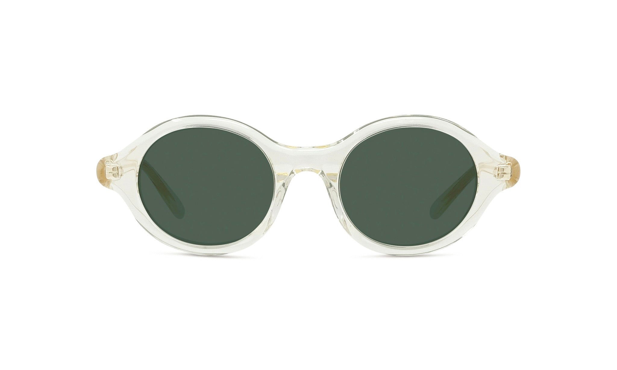 A pair of white-framed sunglasses with dark green lenses.