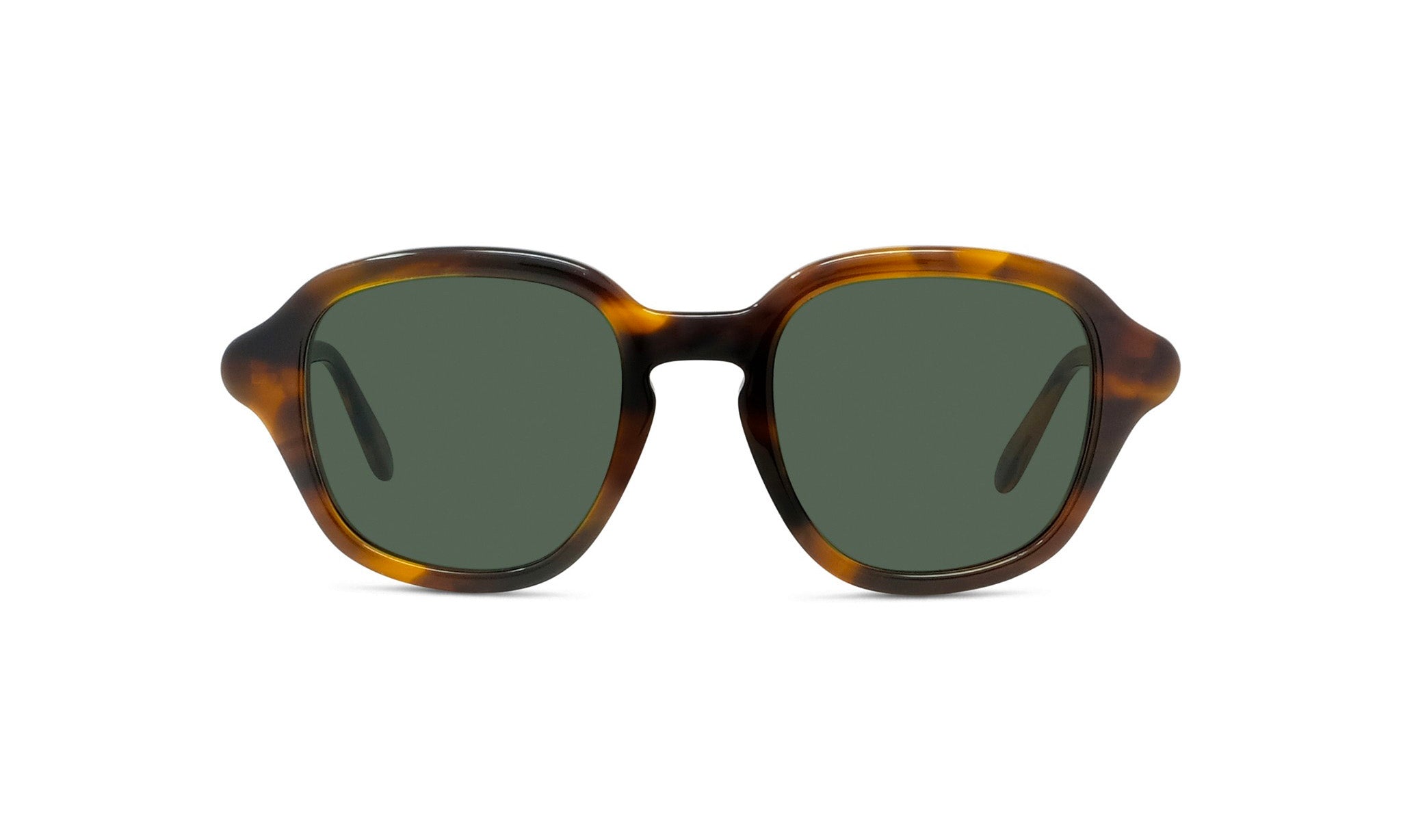 A pair of tortoiseshell sunglasses with dark green lenses.
