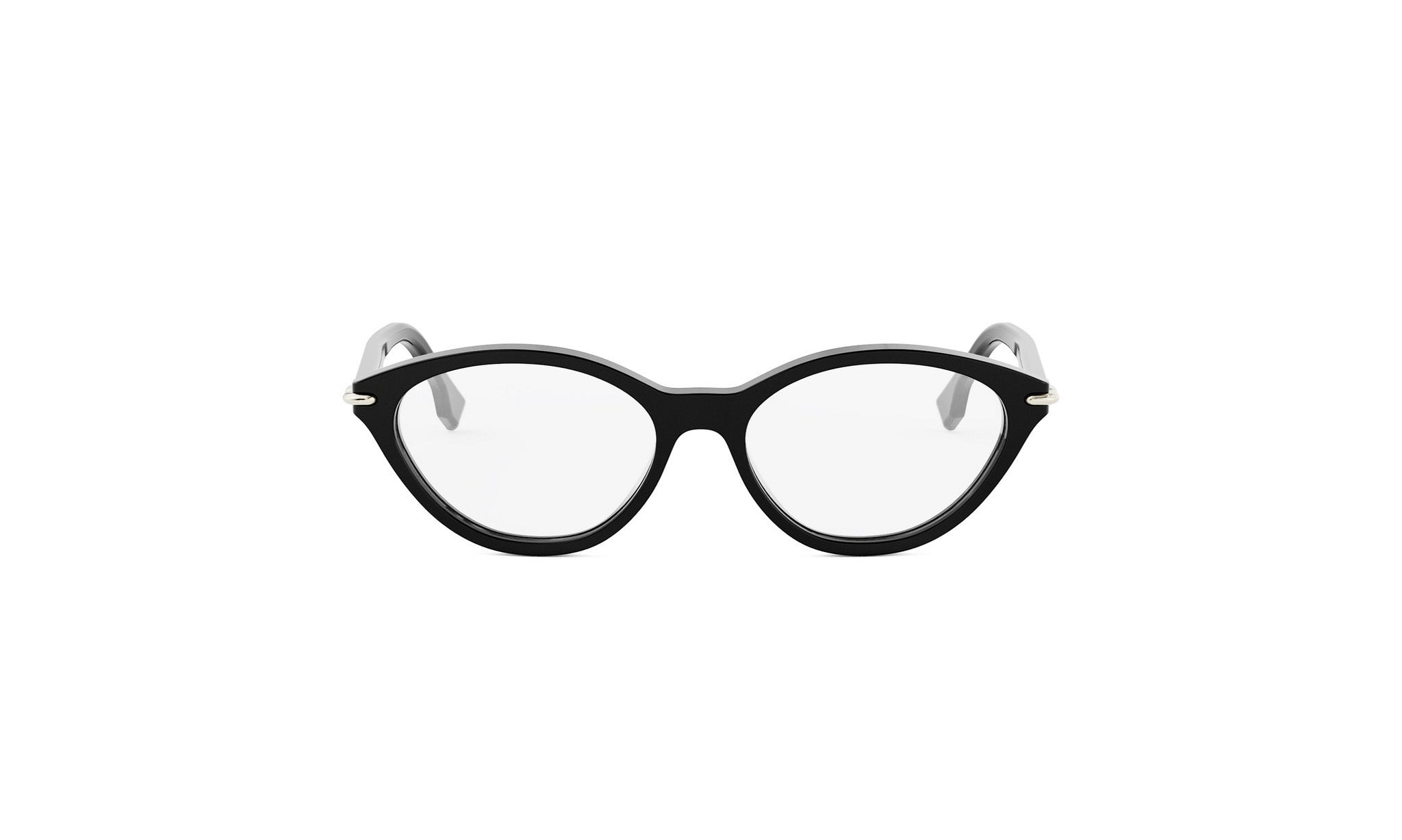 A pair of black cat-eye framed glasses against a white background.