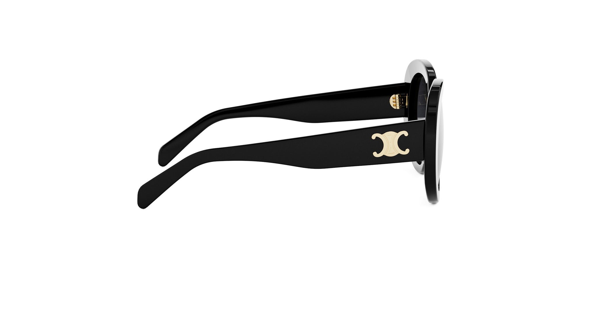 A pair of black sunglasses with a white C logo on the frame.