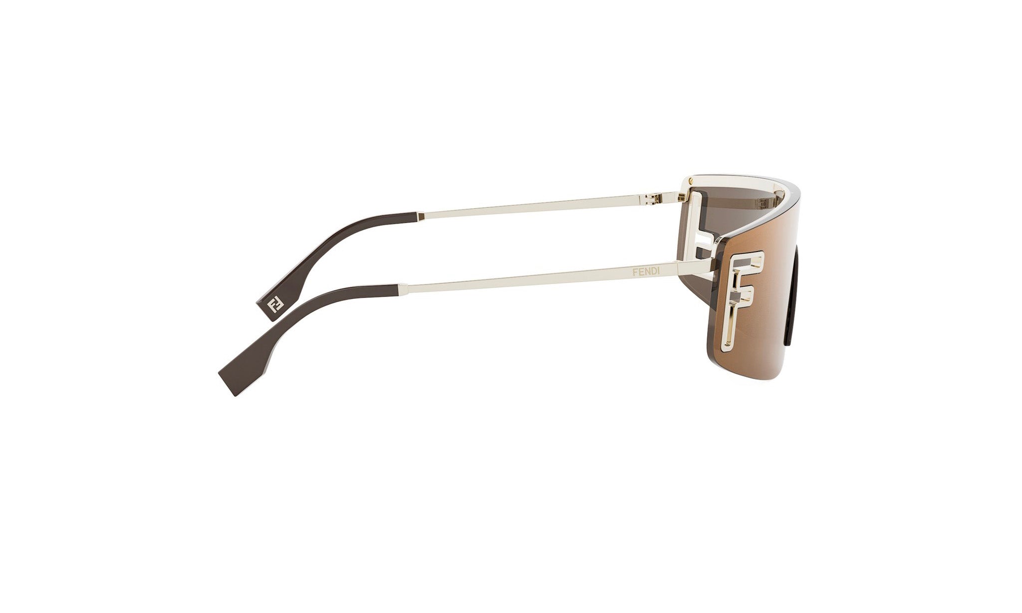 A pair of sunglasses with a brown frame and silver arms.