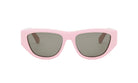 A pair of pink sunglasses with dark lenses.