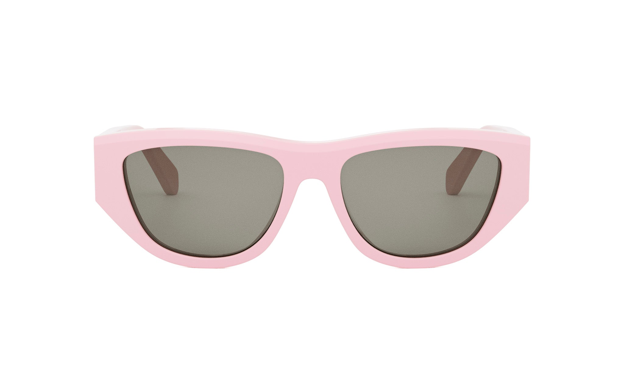 A pair of pink sunglasses with dark lenses.