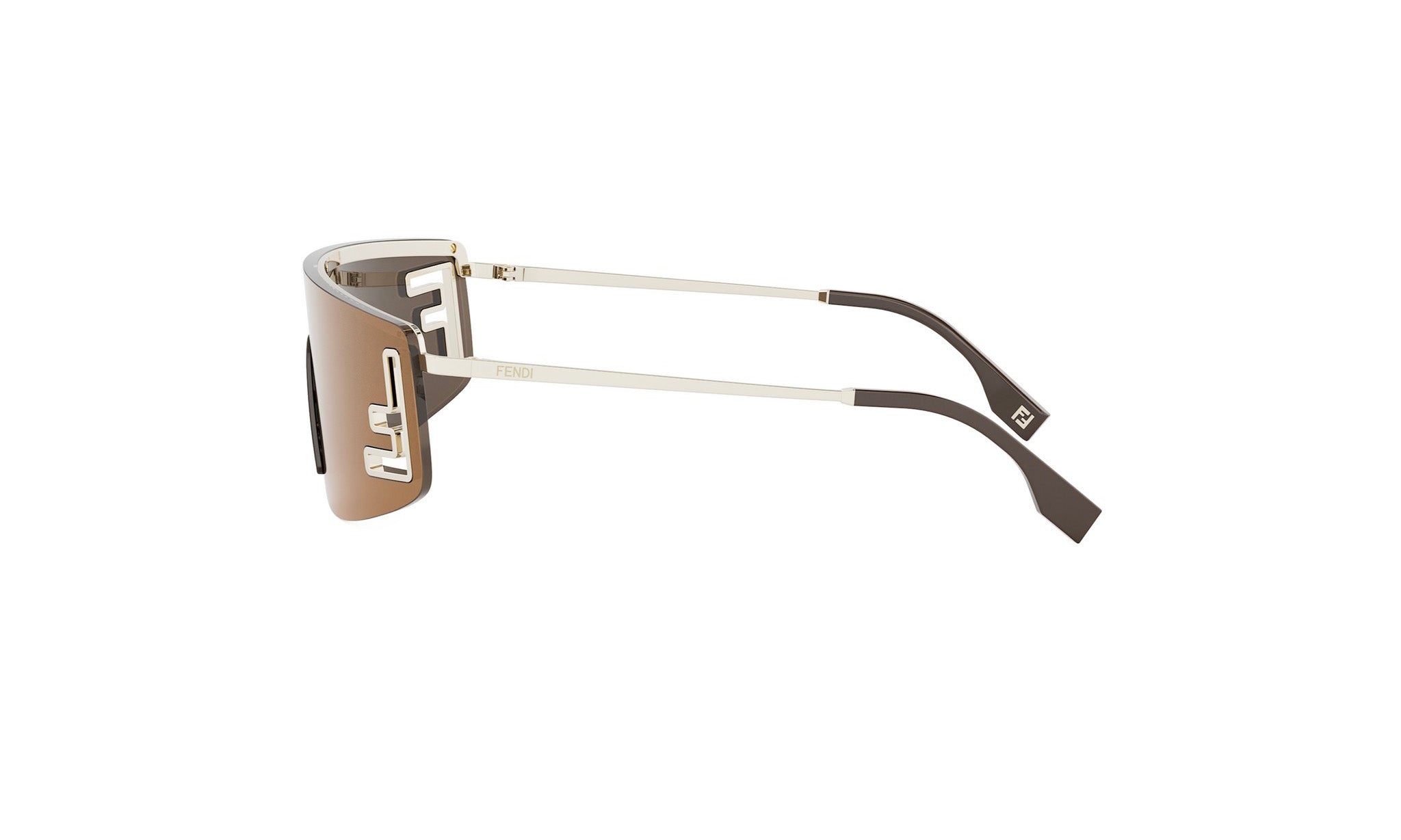 A pair of sunglasses with a brown frame and silver accents.