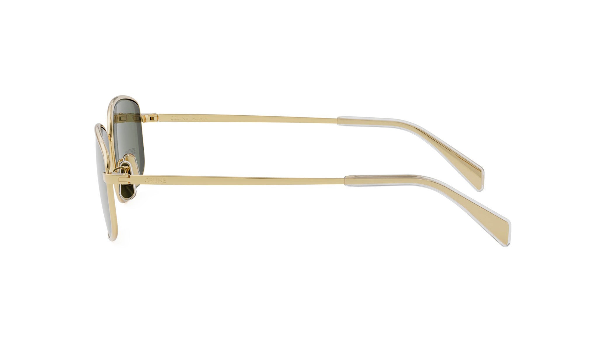 A pair of gold-colored sunglasses with a sleek, modern design.