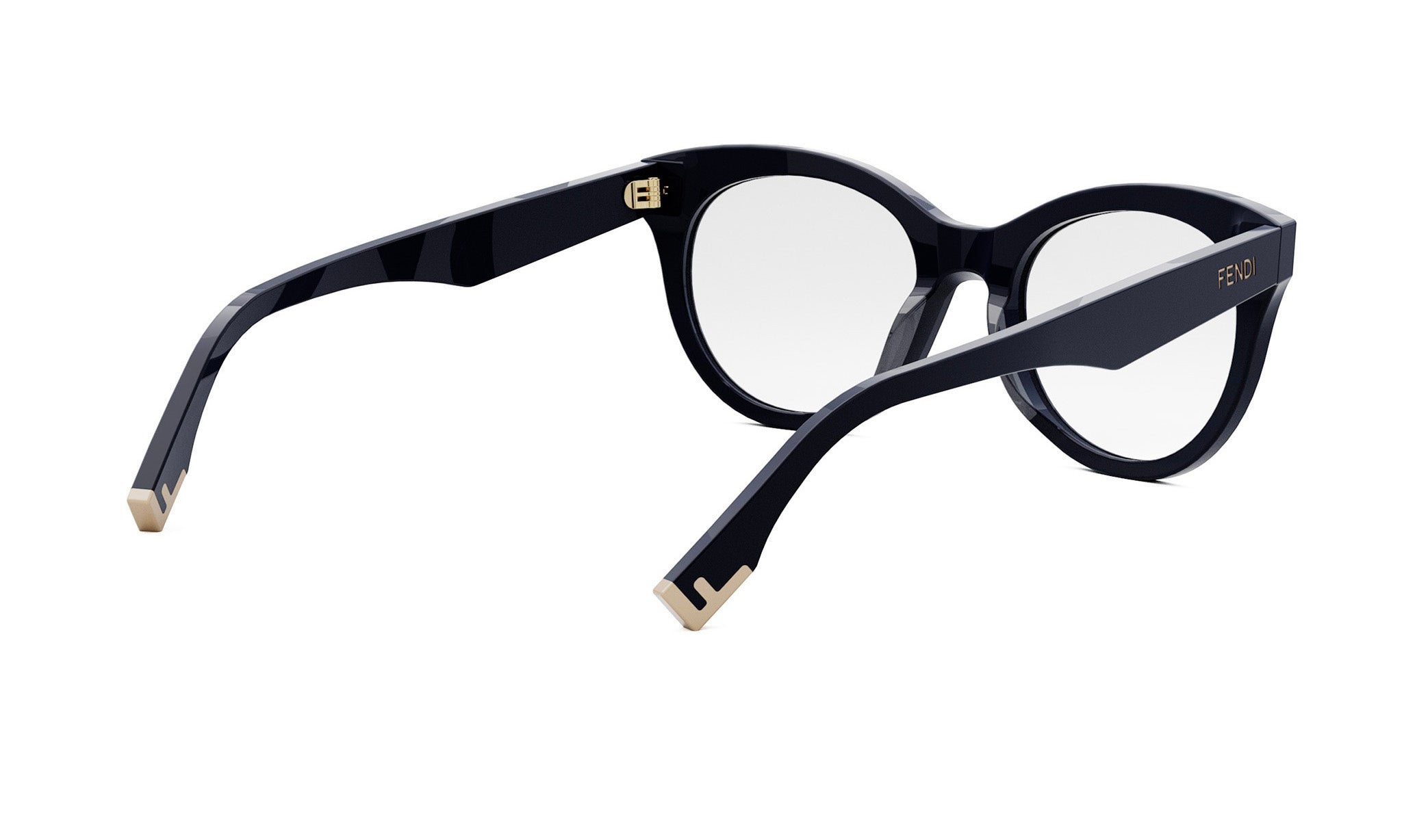 A pair of black-framed glasses with gold accents, featuring a sleek and modern design.