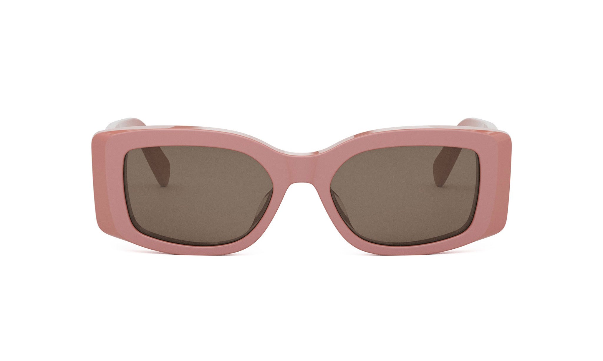 A pair of pink rectangular sunglasses with dark lenses.