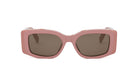 A pair of pink rectangular sunglasses with dark lenses.