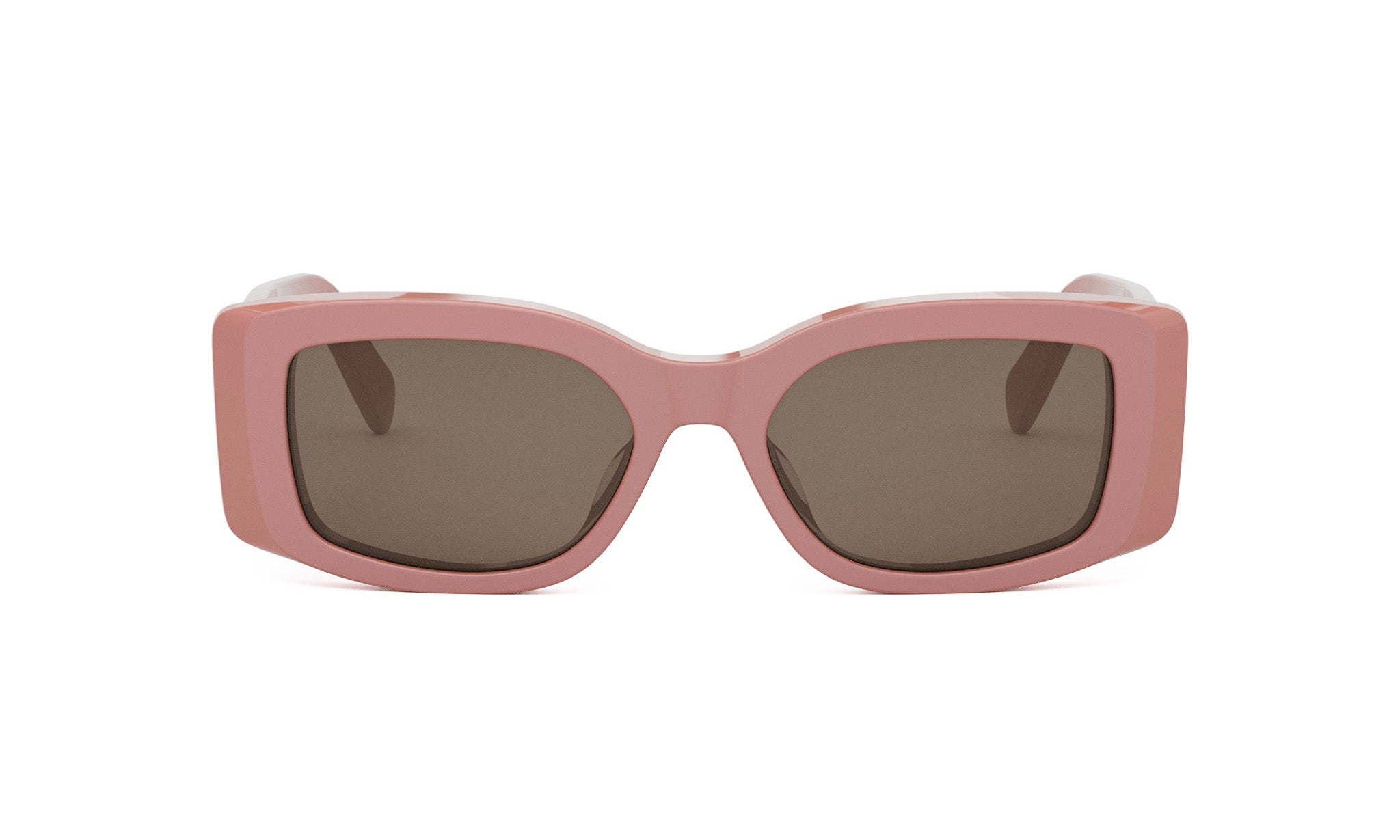 A pair of pink rectangular sunglasses with dark lenses.