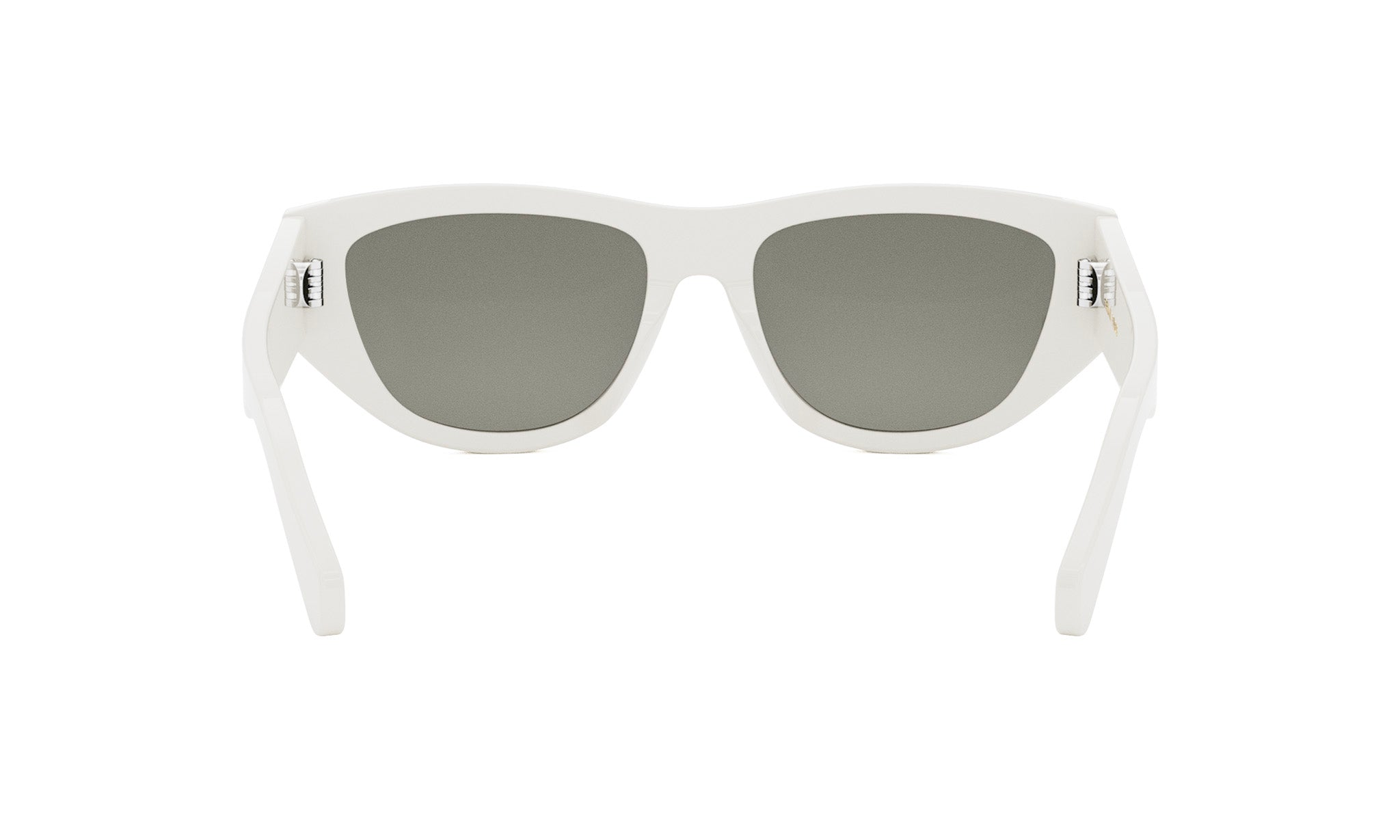 A pair of white sunglasses with dark lenses.