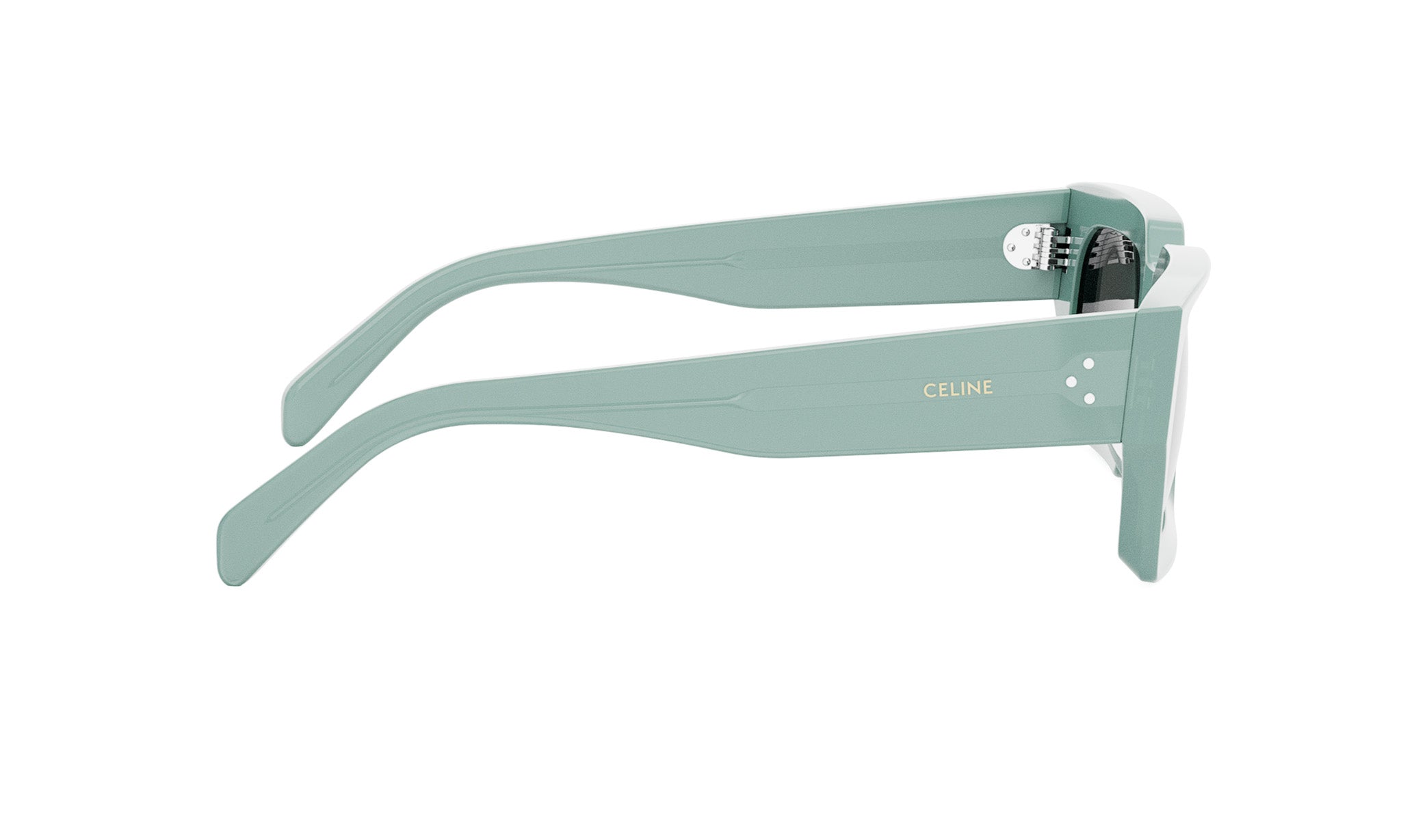 A pair of light green sunglasses with the Celine logo visible on the frame.