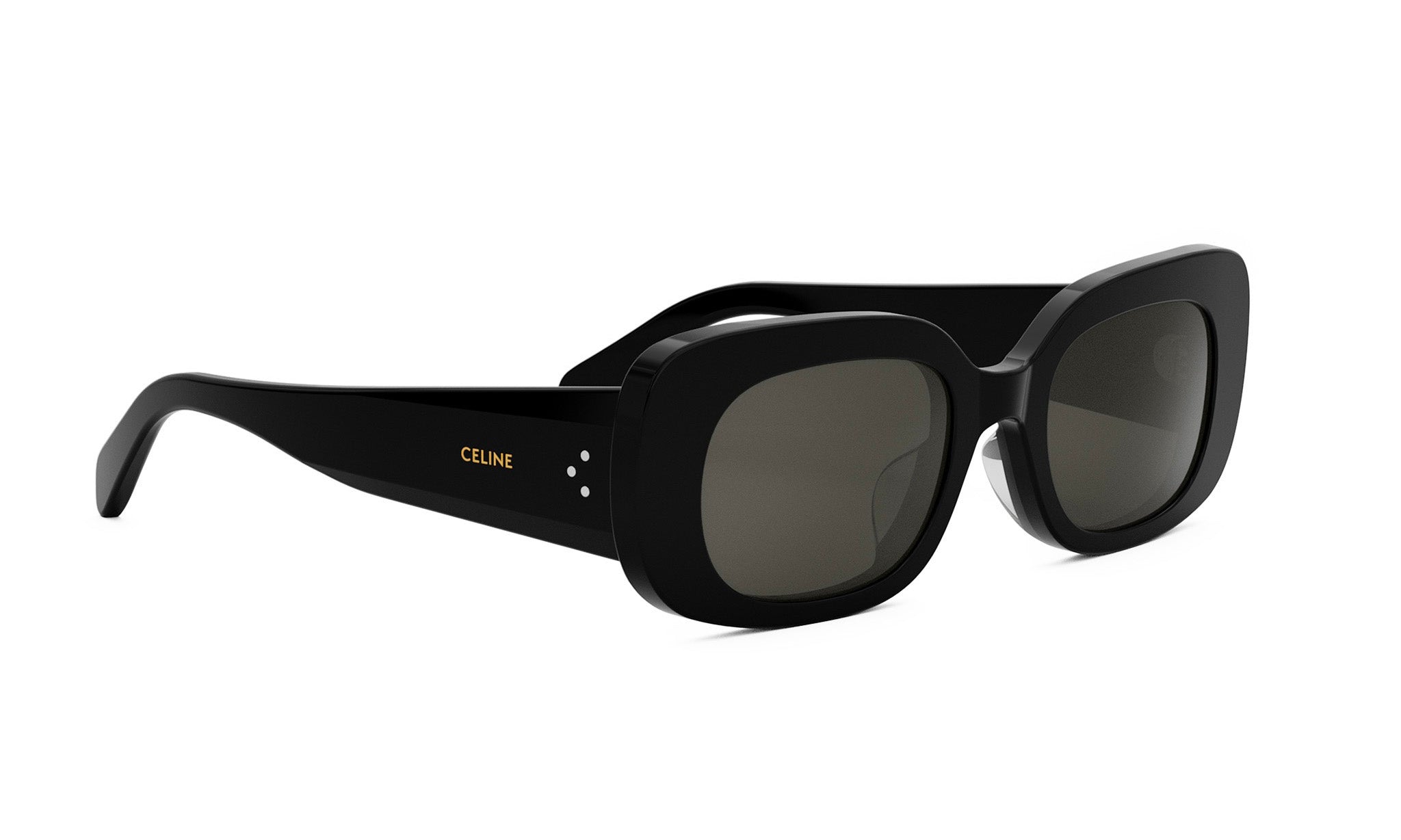 A pair of black sunglasses with the Celine logo on the frame.