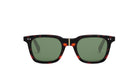 A pair of dark green sunglasses with a black frame and red accents.
