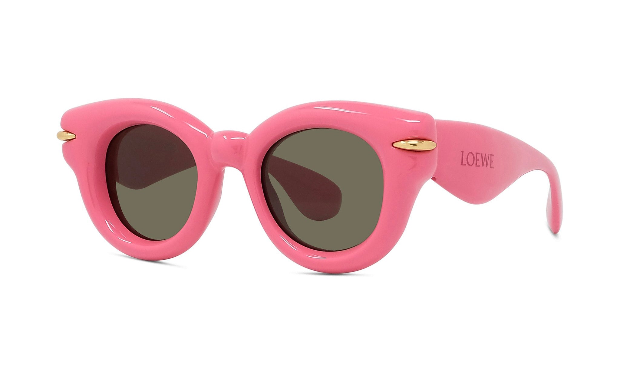 A pair of pink sunglasses with dark lenses.