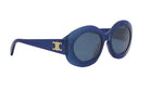A pair of blue sunglasses with a gold logo on the frame.
