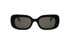 A pair of black sunglasses with dark lenses.