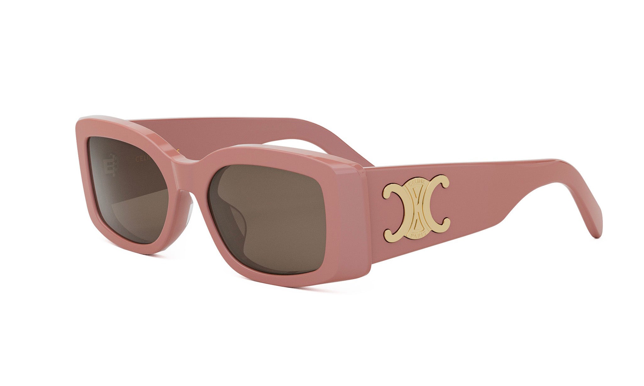 A pair of pink sunglasses with a gold logo on the side.