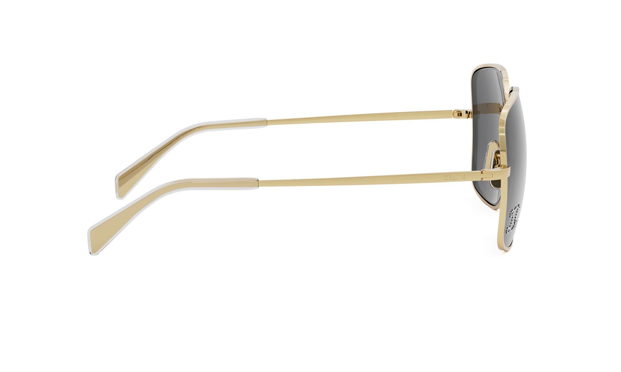 A pair of gold-colored sunglasses with a black frame.