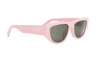 A pair of pink sunglasses with dark lenses.