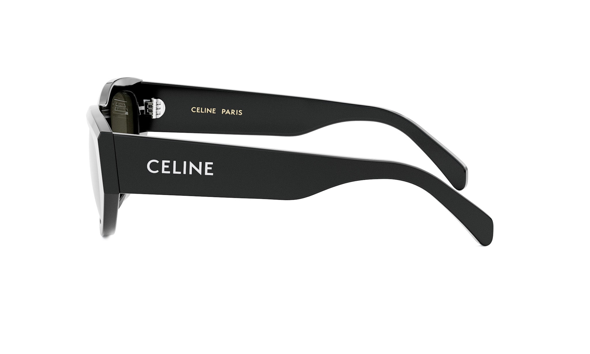 A pair of black sunglasses with the Celine logo on the frame.