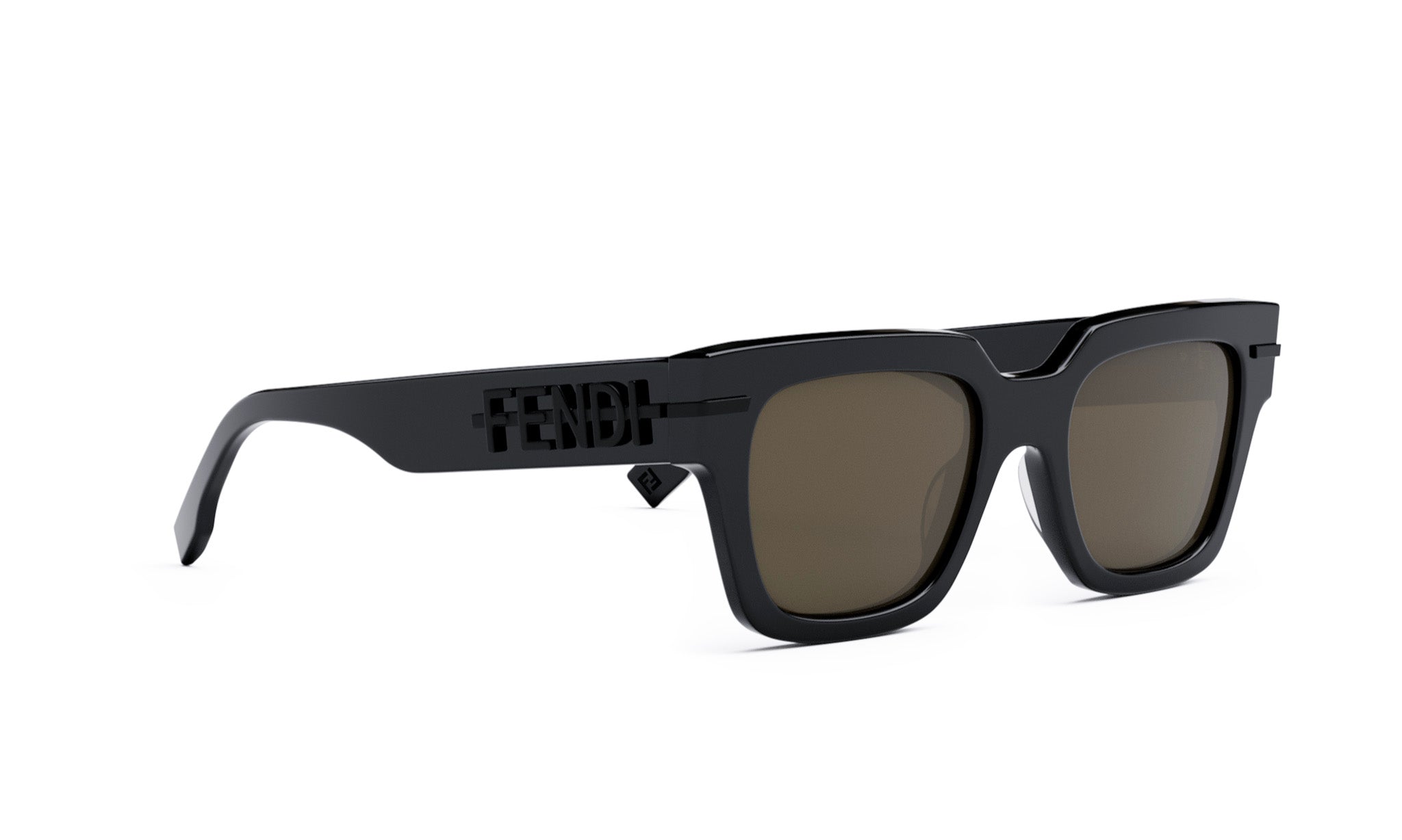 A pair of black sunglasses with the Fendi logo on the frame.
