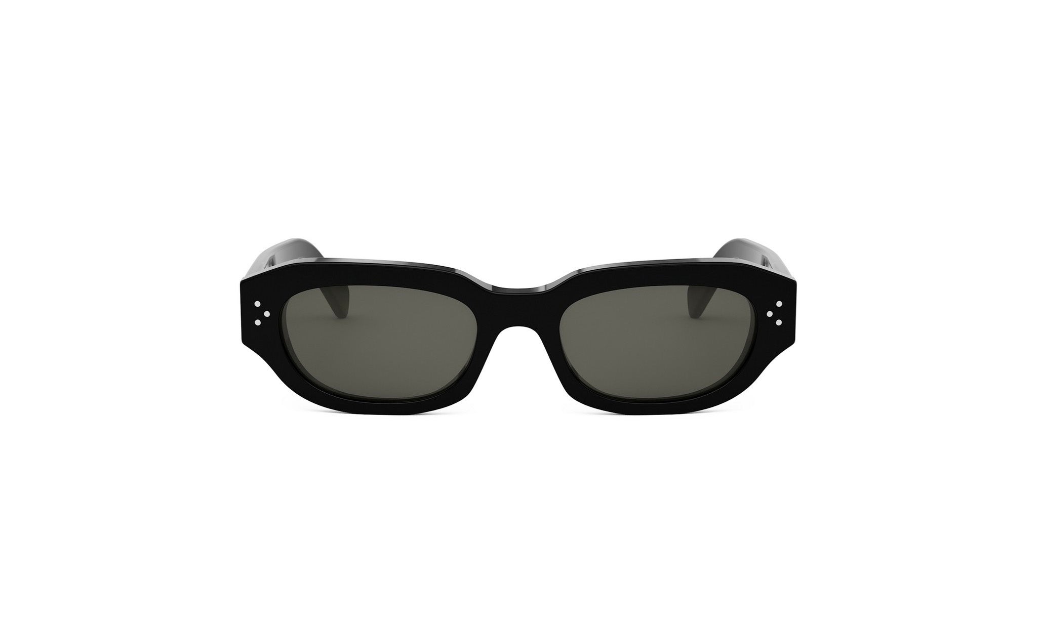 A pair of black sunglasses with dark lenses.