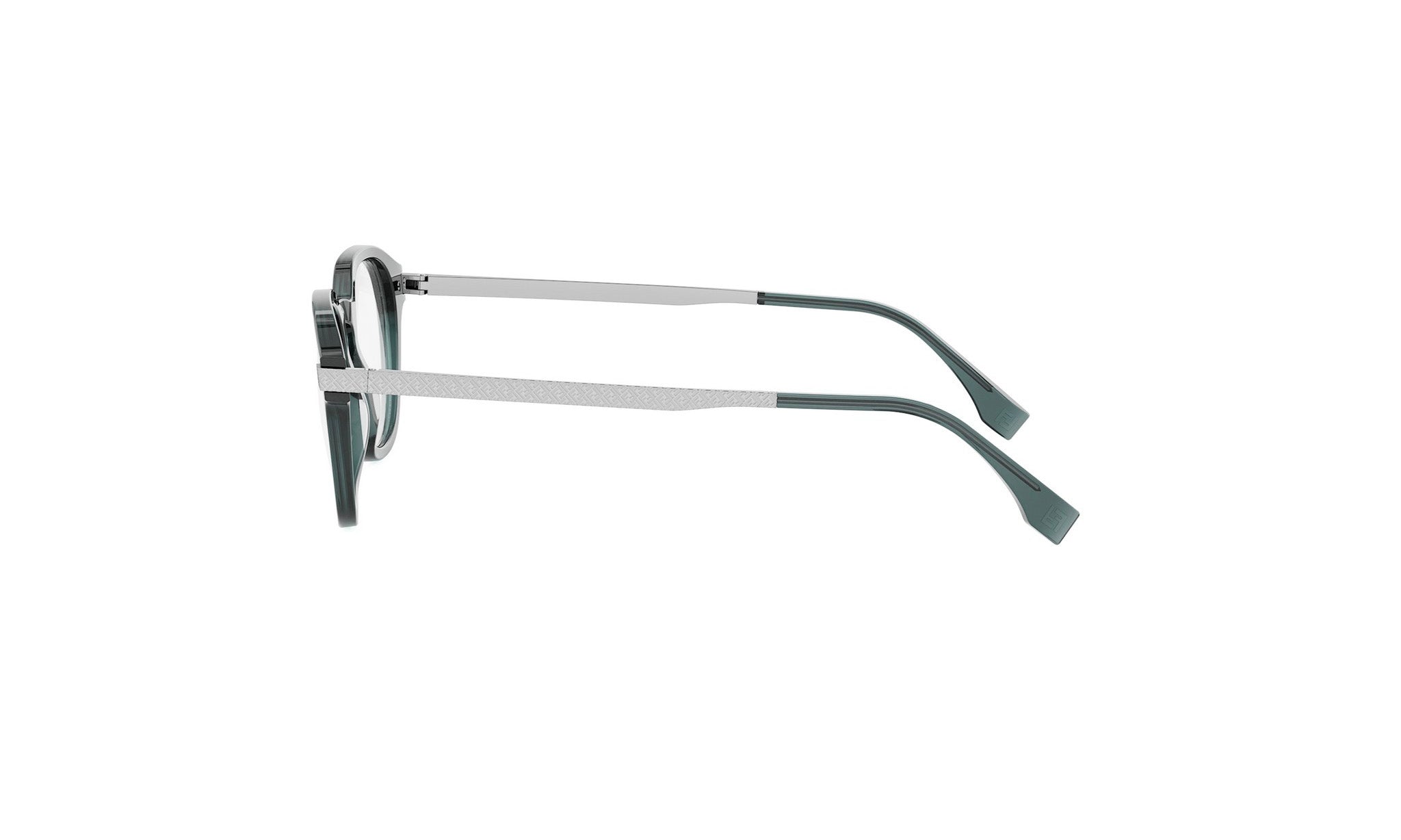 A pair of dark green-framed glasses with a white strap, positioned side by side against a white background.