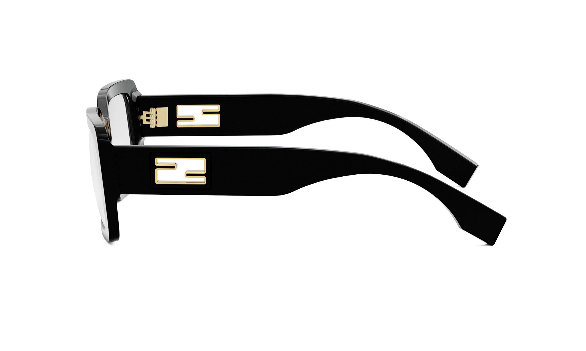 A pair of black-framed glasses with gold accents, featuring a unique logo on the temples.