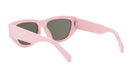 A pair of pink sunglasses with dark lenses.